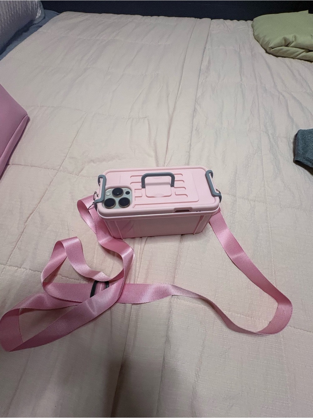 Pink Crossbody Mini Box Bag with iPhone 16 pro max case